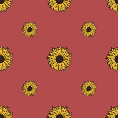 Kusursuz desenli ayçiçekleri pembe arka plan. Sarı ayçiçekli ve yapraklı güzel bir doku. Kumaş için karalama tarzında geometrik çiçek şablonu. Tasarım vektörü illüstrasyonu.