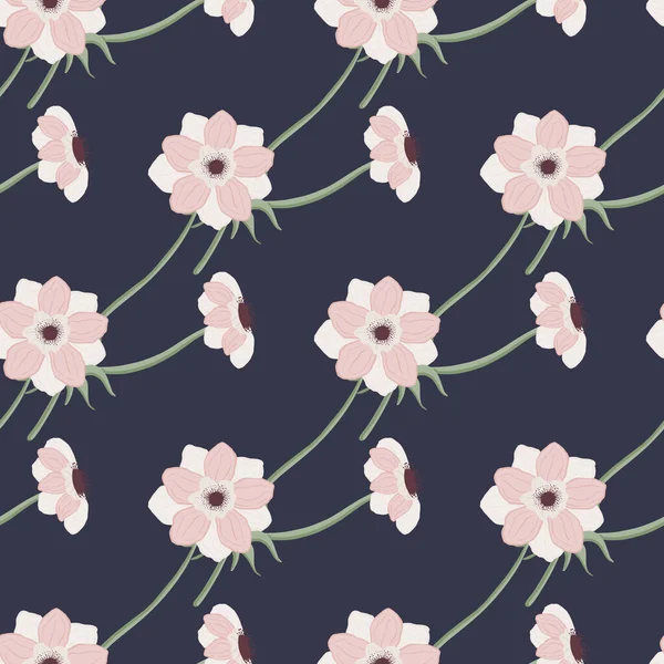 Fleurs Anémones Couleur Rose Motif Doodle Sans Couture Fond Bleu — Image vectorielle