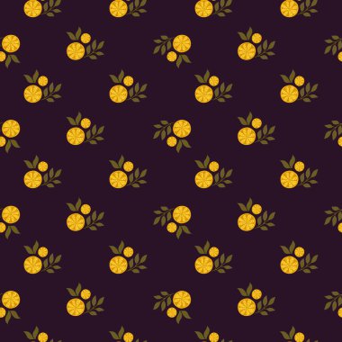 Küçük portakallı limon, elementleri dikişsiz karalama deseni şeklinde keser. Koyu kahverengi arka plan. Basit bir tarz. Stok çizimi. Tekstil, kumaş, hediye paketi, duvar kağıtları için vektör tasarımı.