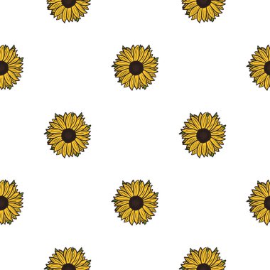 Beyaz arka planda kusursuz desenli ayçiçekleri. Sarı ayçiçekli ve yapraklı güzel bir doku. Kumaş için karalama tarzında geometrik çiçek şablonu. Tasarım vektörü illüstrasyonu.