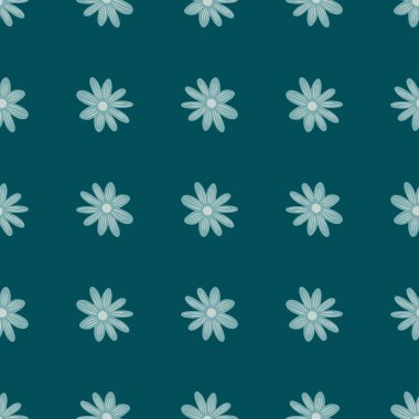 Dekoratif çiçekli papatya desenli çayır botanik deseni. Turkuaz mavisi çiçek arkaplanı. Kağıt ve kumaş dokuları için grafiksel tasarım. Vektör İllüstrasyonu.