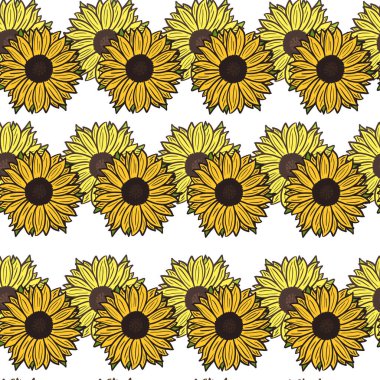 Beyaz arka planda kusursuz desenli ayçiçekleri. Parlak sarı ayçiçeği ve yaprakları olan güzel bir doku. Kumaş için Geometrik çiçek şablonu n doodle tarzı. Tasarım vektörü illüstrasyonu.