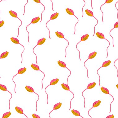 İzole edilmiş, küçük sarı ve pembe haşhaş tomurcuklu çiçek siluetleri süslemesi. Beyaz arka plan. Stok çizimi. Tekstil, kumaş, hediye paketi, duvar kağıtları için vektör tasarımı.