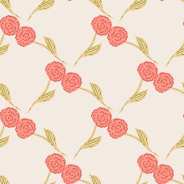 Kırmızı gül siluetleriyle çiçek bahçesinin pürüzsüz deseni. Pastel pembe arka plan. Stok çizimi. Tekstil, kumaş, hediye paketi, duvar kağıtları için vektör tasarımı.