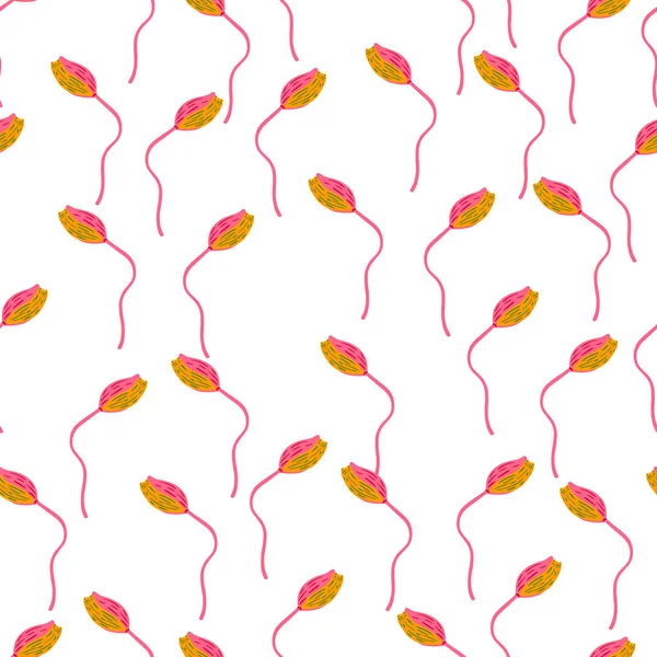 İzole edilmiş, küçük sarı ve pembe haşhaş tomurcuklu çiçek siluetleri süslemesi. Beyaz arka plan. Stok çizimi. Tekstil, kumaş, hediye paketi, duvar kağıtları için vektör tasarımı.