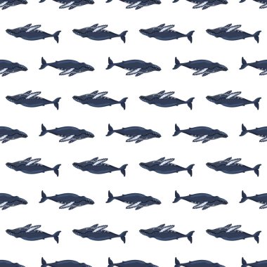 Beyaz arka planda kusursuz kambur balina deseni. Çocuklar için okyanus karakteri şablonu. Deniz memelisi ile tekrarlanan küçük doku. Herhangi bir amaç için tasarlandı. Vektör illüstrasyonu.