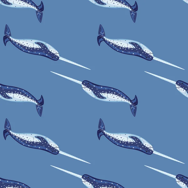 蓝底无缝隙的长须鲸图案 海洋卡通人物模板 用于织物制作 重复对称纹理与海洋鲸目动物 任何目的的设计 矢量说明 — 图库矢量图片