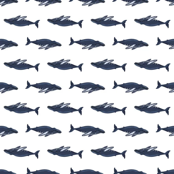 白色背景的无缝线座头鲸 儿童海洋卡通人物模板 重复小纹理与海洋鲸目动物 任何目的的设计 矢量说明 — 图库矢量图片