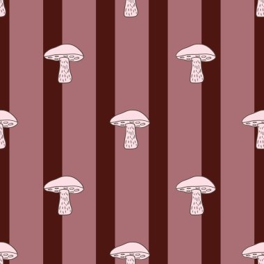 Leccinum scabrum mantarı elle çizilmiş soyut bir şekil. Kestane rengi ve pembe çizgili arka plan. Stok çizimi. Tekstil, kumaş, hediye paketi, duvar kağıtları için vektör tasarımı.