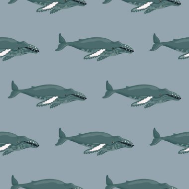 Gri arka planda kusursuz kambur balina deseni. Çocuklar için okyanus karakteri şablonu. Deniz memelisi ile tekrarlanan doku. Herhangi bir amaç için tasarlandı. Vektör illüstrasyonu.