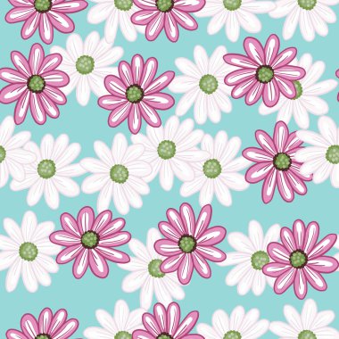 Rastgele pembe ve beyaz papatya çiçekli siluetler kusursuz desenler. Mavi arka plan. Ditsy arka planı. Stok çizimi. Tekstil, kumaş, hediye paketi, duvar kağıtları için vektör tasarımı.