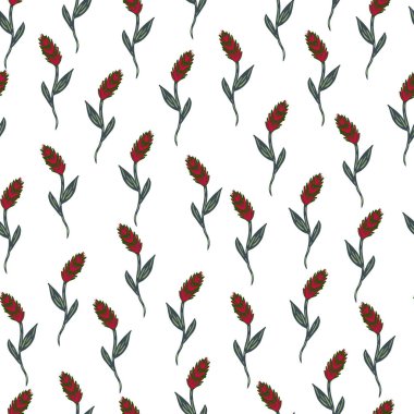 İzole edilmiş, pürüzsüz desen ve pembe buğday siluetleri. Küçük bir süs. Beyaz arka plan. Kağıt ve kumaş dokuları için grafiksel tasarım. Vektör İllüstrasyonu.