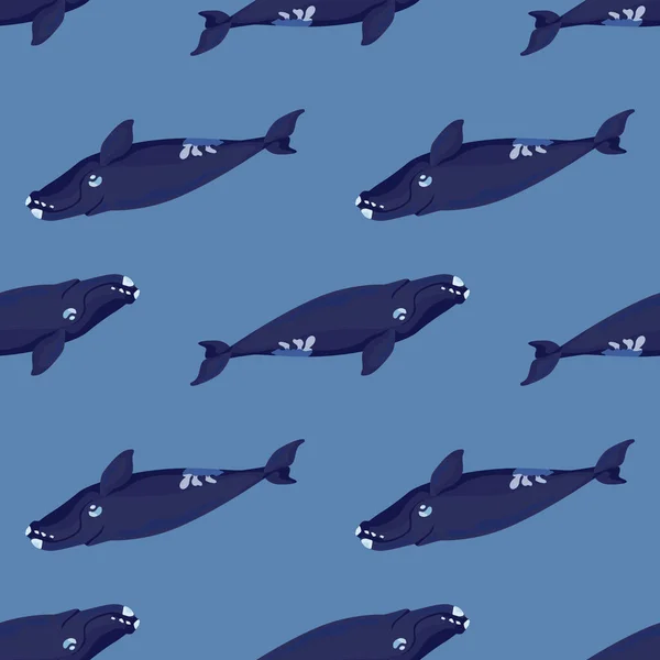 Naadloos Patroon Rechts Walvis Blauwe Achtergrond Sjabloon Van Cartoon Karakter — Stockvector