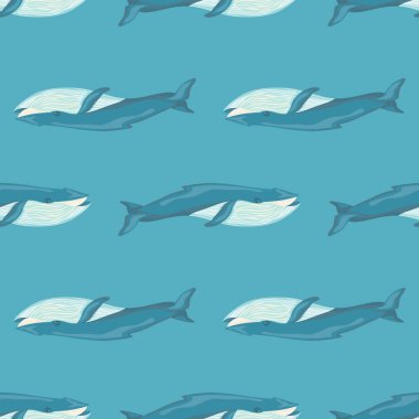 Kusursuz desenli açık mavi arka planda mavi balina. Kumaş için karikatür karakteri. Deniz memelisi ile tekrarlanan geometrik doku. Herhangi bir amaç için tasarlandı. Vektör illüstrasyonu