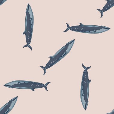 Bej arka planda kusursuz desenli sei balinası. Kumaş için karikatür karakteri şablonu. Deniz memelisi ile tekrarlanan rastgele doku. Herhangi bir amaç için tasarla.