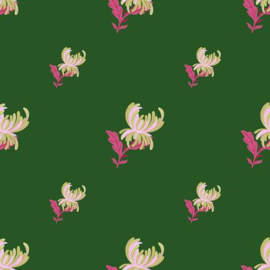 Karalama kasımpatı çiçek şekilli minimalist, dikişsiz desen. Yeşil arka plan. Tekstil, kumaş, hediye paketi, duvar kağıtları için düz vektör baskısı. Sonsuz illüstrasyon.