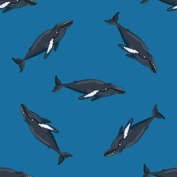 Nahtloses Muster Buckelwal Auf Blauem Hintergrund Vorlage Der Zeichentrickfigur Ozean — Stockvektor