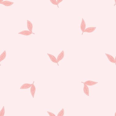 Yaprak siluetleriyle kusursuz desen. Pastel pembe arka plan. Bitkisel parmak izi. Mevsimlik tekstil baskıları, kumaş, afişler, arkaplanlar ve duvar kağıtları için vektör illüstrasyonu.