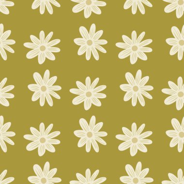 Beyaz çiçekler, papatya süslemesi, el çizimi tarzında kusursuz desenler. Açık yeşil arka plan. Soyut baskı. Kağıt ve kumaş dokuları için grafiksel tasarım. Vektör İllüstrasyonu.