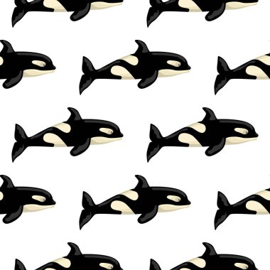 Beyaz arka planda kusursuz desenli Orka. Çocuklar için okyanus karakteri şablonu. Deniz memelisi ile tekrarlanan geometrik doku. Herhangi bir amaç için tasarlandı. Vektör illüstrasyonu.
