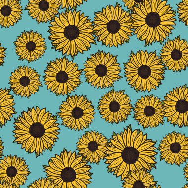 Mavi arka planda kusursuz desenli ayçiçekleri. Sarı ayçiçekli ve yapraklı güzel bir doku. Kumaş için karalama şeklinde rastgele bir çiçek şablonu. Tasarım vektörü illüstrasyonu.