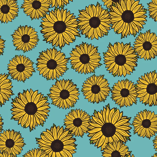 Mavi arka planda kusursuz desenli ayçiçekleri. Sarı ayçiçekli ve yapraklı güzel bir doku. Kumaş için karalama şeklinde rastgele bir çiçek şablonu. Tasarım vektörü illüstrasyonu.