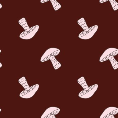 Açık pembe Leccinum scabrum mantar süsüsüyle dekoratif, pürüzsüz desen. Koyu kahverengi arka plan. Stok çizimi. Tekstil, kumaş, hediye paketi, duvar kağıtları için vektör tasarımı.