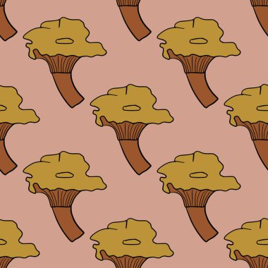 Elle çizilmiş dikişsiz şablon ile ahtapot kaplamalı kantharellus cibarius mantar izi. Pembe arka plan. Stok çizimi. Tekstil, kumaş, hediye paketi, duvar kağıtları için vektör tasarımı