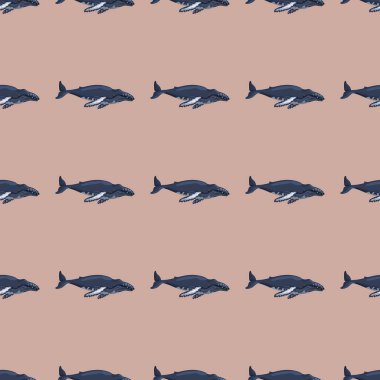 Kahverengi arka planda kusursuz kambur balina deseni. Çocuklar için okyanus karakteri şablonu. Deniz memelisi ile tekrarlanan doku. Herhangi bir amaç için tasarlandı. Vektör illüstrasyonu.
