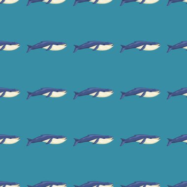 Düz desenli mavi balina, deniz mavisi arka planda. Kumaş için karikatür karakteri. Deniz memelisi ile tekrarlanan küçük geometrik doku. Herhangi bir amaç için tasarlandı. Vektör illüstrasyonu