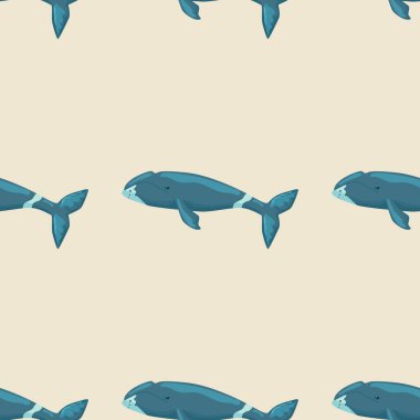Seamless pattern Bowhead whale on white background. Template of cartoon character of ocean for children. Repeated geometrical texture with marine cetacean. Design for any purposes. Vector illustration