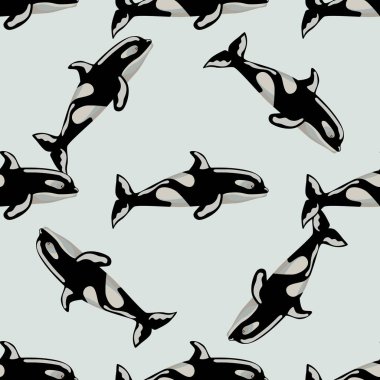 Seamless pattern Orca on gray background. Template of cartoon character of ocean for children. Repeated diagonal texture with marine cetacean. Design for any purposes. Vector illustration.