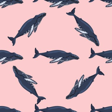 Seamless pattern Humpback whale on pink background. Template of cartoon character of ocean for children. Repeated diagonal texture with marine cetacean. Design for any purposes. Vector illustration.