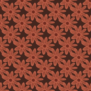 Organic seamless pattern with small daisy flowers ornament. Maroon dark background. Simple style. Graphic design for wrapping paper and fabric textures. Vector Illustration.