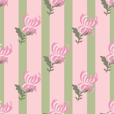 Blossom seamless pattern with pink diagonal chrysanthemum flowers shapes print. Striped background. Flat vector print for textile, fabric, giftwrap, wallpapers. Endless illustration.
