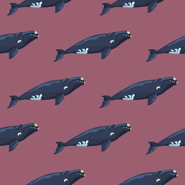 Seamless Pattern Right Whale Pink Background Template Cartoon Character Ocean — Διανυσματικό Αρχείο