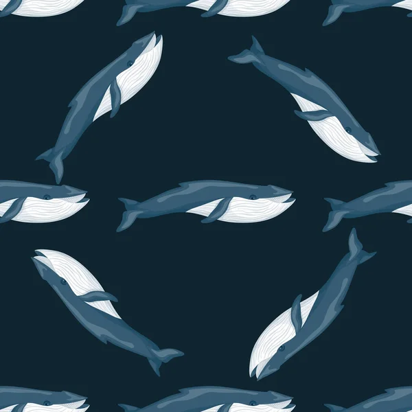 Seamless Pattern Blue Whale Black Background Template Cartoon Character Ocean — Διανυσματικό Αρχείο