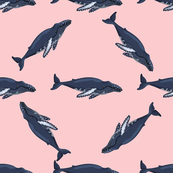 Seamless Pattern Humpback Whale Pink Background Template Cartoon Character Ocean — Stock Vector