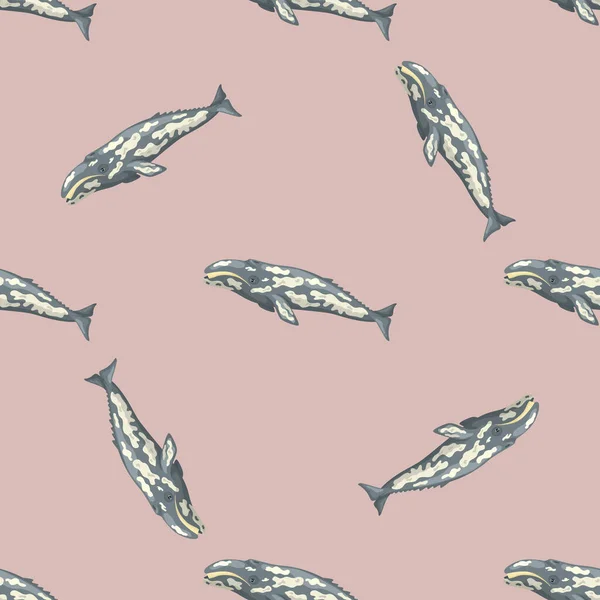 Seamless Pattern Gray Whale Pink Background Template Cartoon Character Ocean — Stok Vektör