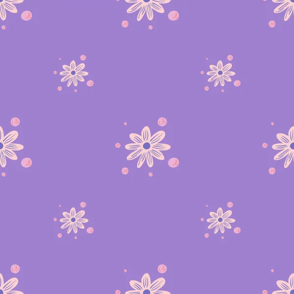 Minimalistic floral seamless pattern with pink chamomile small flowers ornament. Light purple background. Graphic design for wrapping paper and fabric textures. Vector Illustration.