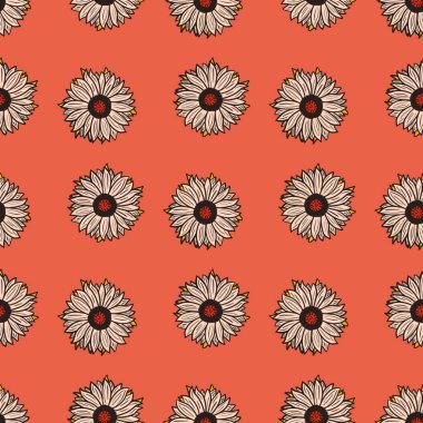 Kusursuz desenli ayçiçekleri kırmızı arka plan. Ayçiçekli ve yapraklı basit doku. Kumaş için karalama tarzında geometrik çiçek şablonu. Tasarım vektörü illüstrasyonu.