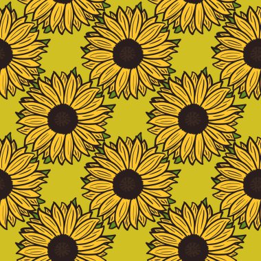 Yeşil arka planda kusursuz desenli ayçiçekleri. Sarı ayçiçekli ve yapraklı güzel bir doku. Kumaş için Geometrik çiçek şablonu n doodle tarzı. Tasarım vektörü illüstrasyonu.