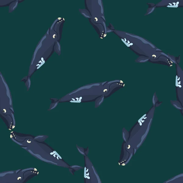Płynny Wzór Prawy Wieloryb Zielonym Tle Szablon Kreskówkowego Charakteru Oceanu — Wektor stockowy