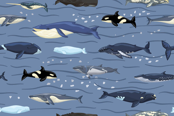 Seamless pattern whales on blue with waves and smudge background. Print of cartoon characters of ocean in Scandinavian style for children. Repeated texture with marine mammals. Design for any purposes
