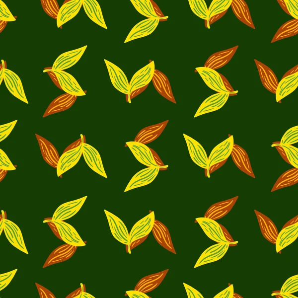 Желтая Оранжевая Листва Оставляет Бесшовный Узор Ручном Рисунке Зеленый Фон — стоковый вектор