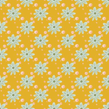 Mavi çiçekli, dikişsiz desen süs eşyası şeklindedir. Sarı parlak arka plan. Tekstil, kumaş, hediye paketi, duvar kağıtları için düz vektör baskısı. Sonsuz illüstrasyon.