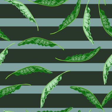Hawaii desensiz, karalama yeşili palmiye yaprağı desenli. Gri ve mavi çizgili arka plan. Tekstil, kumaş, hediye paketi, duvar kağıtları için düz vektör baskısı. Sonsuz illüstrasyon.