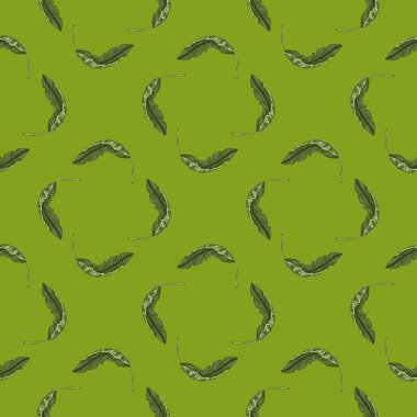 Geometrik stil, muz yaprağı süsüsüyle kusursuz desen. Yeşillik süsü. Mevsimlik tekstil baskıları, kumaş, afişler, arkaplanlar ve duvar kağıtları için vektör illüstrasyonu.