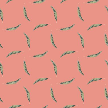 Geometrik şekilli, el izi olmayan, küçük gri palmiye yaprağı izi. Pembe arka plan. Tekstil, kumaş, hediye paketi, duvar kağıtları için düz vektör baskısı. Sonsuz illüstrasyon.