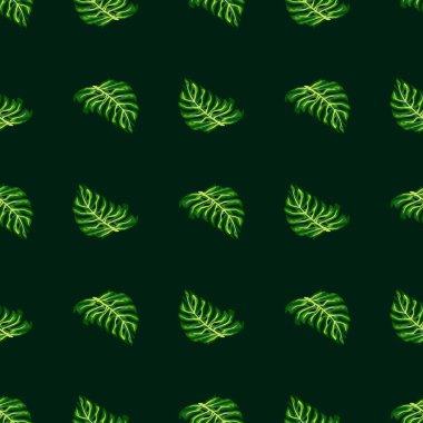 Soyut el, yeşil canavar yapraklı, kusursuz desen çizmiş. Karanlık arka plan. Mevsimlik tekstil baskıları, kumaş, afişler, arkaplanlar ve duvar kağıtları için vektör illüstrasyonu.